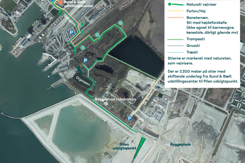 Kort der viser naturstien hvor der er afmærket rutens forskellige terræn
