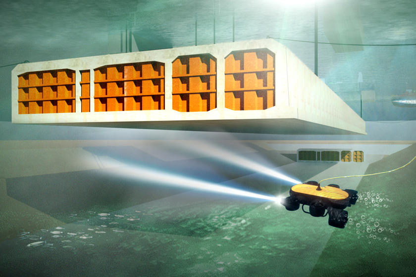 Visualisation of the immersion process of a tunnel element. Next to the immersed tunnel element is a diving robot to monitor the operation.