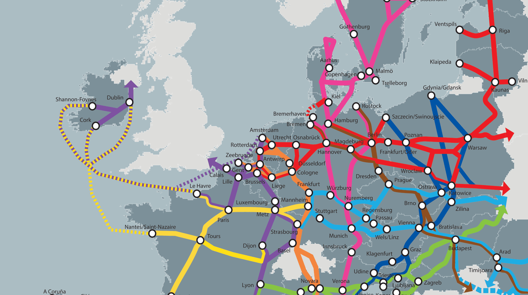 Map of the various transport routes in Europe that the Fehmarnbelt link will be part of