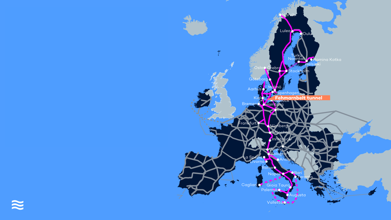 Map of the various transport routes in Europe that the Fehmarnbelt tunnel will be part of