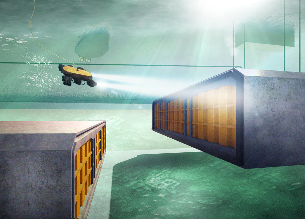 Illustration der Verbindung zweier Tunnelelemente auf dem Meeresboden