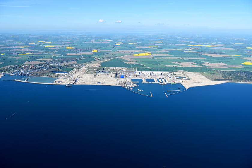 View of the southern coast of Lolland on the Fehmarnbelt. The tunnel construction site is in focus.