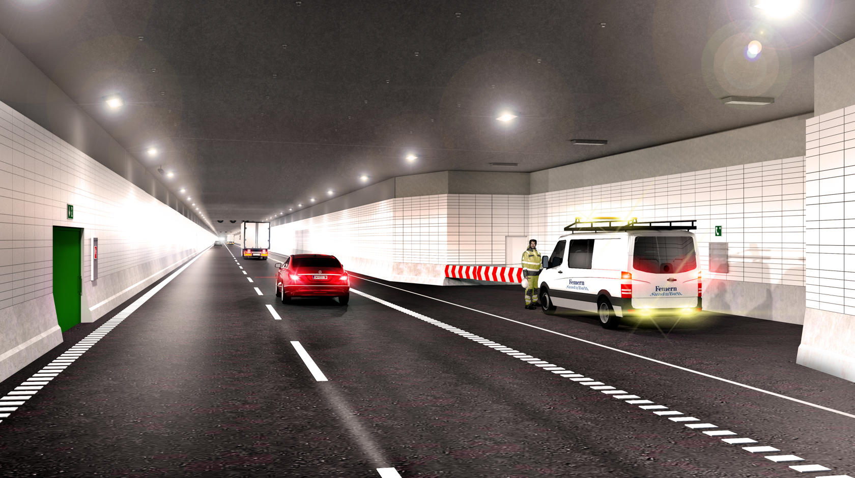 Visualisierung des Tunnels im Betrieb. Autos und LKWs fahren durch den Tunnel. In einer dafür vorgesehenen Haltebucht steht ein Servicefahrzeug von Sund & Bælt.