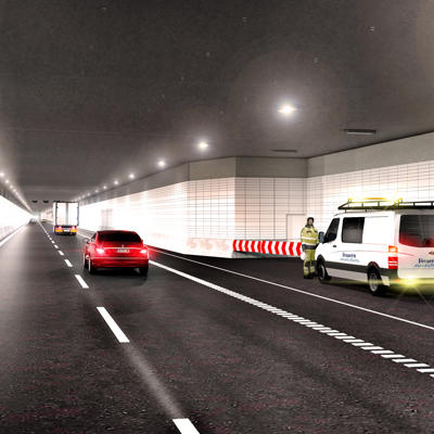 Visualisation of the tunnel in operation. Cars and lorries drive through the tunnel. A Sund & Bælt service vehicle is parked in a designated lay-by.
