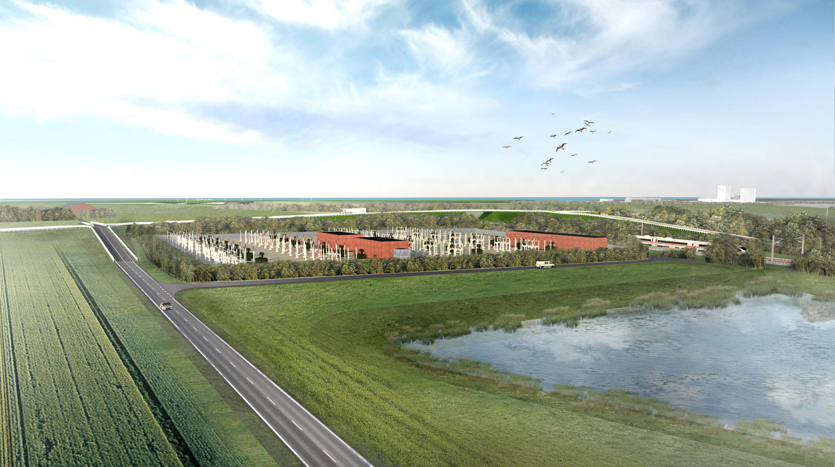 Illustration af fremtidens transformerstation der vil forsyne Femern Bælt-tunnelen med strøm
