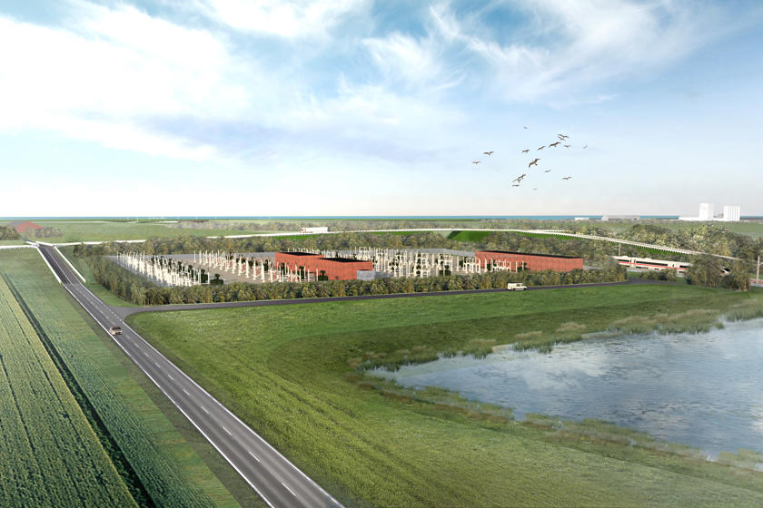 Illustration of the future transformer station that will supply the Fehmarnbelt Tunnel with electricity