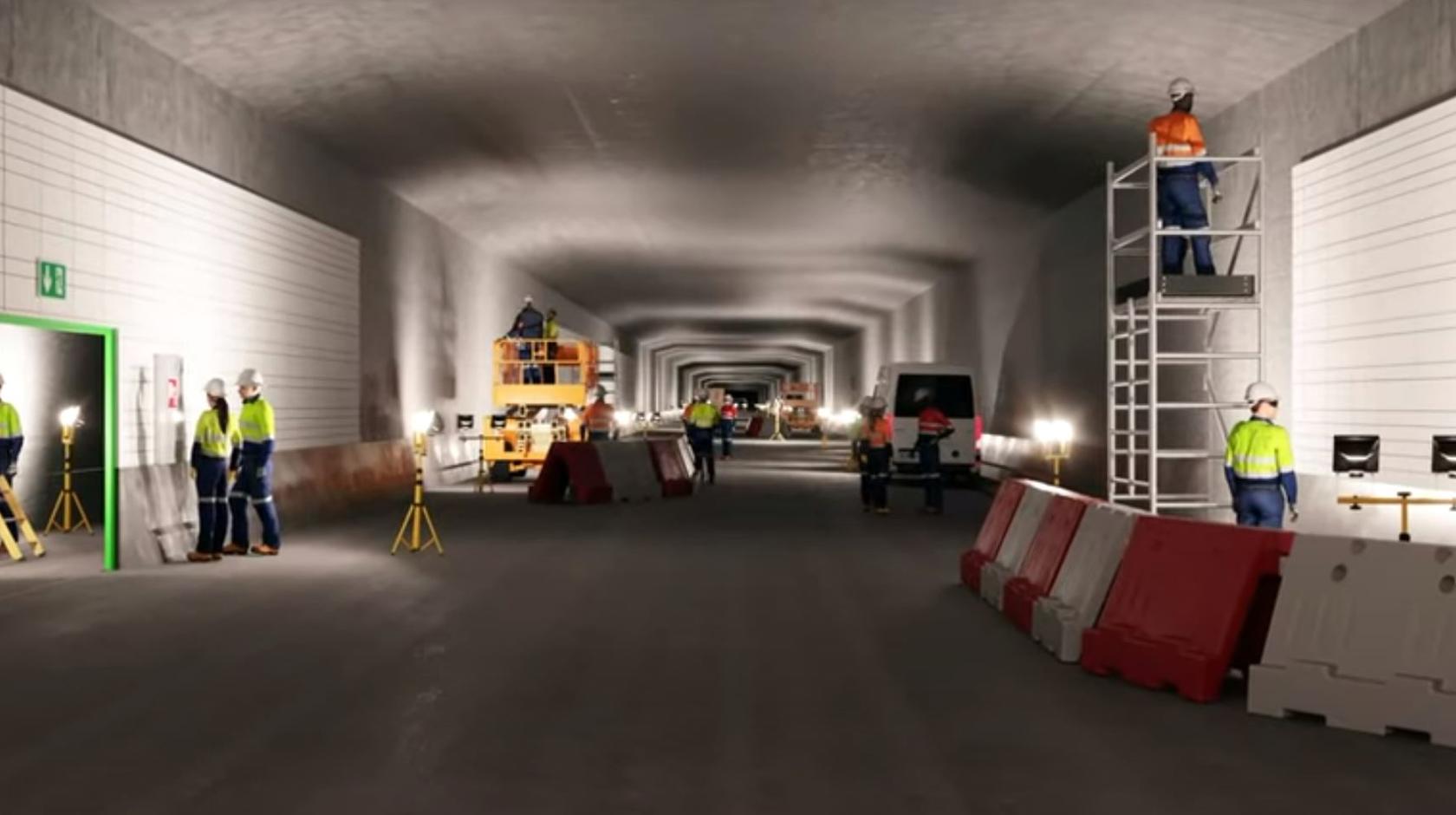 Visualisation of the work in an immersed tunnel element. Many different trades are involved in equipping the tunnel.