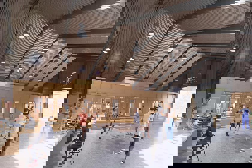 Visualisering af den fremtidige indretning af laden med værksted og sportsfaciliteter (eksempel her: bordtennisbord)