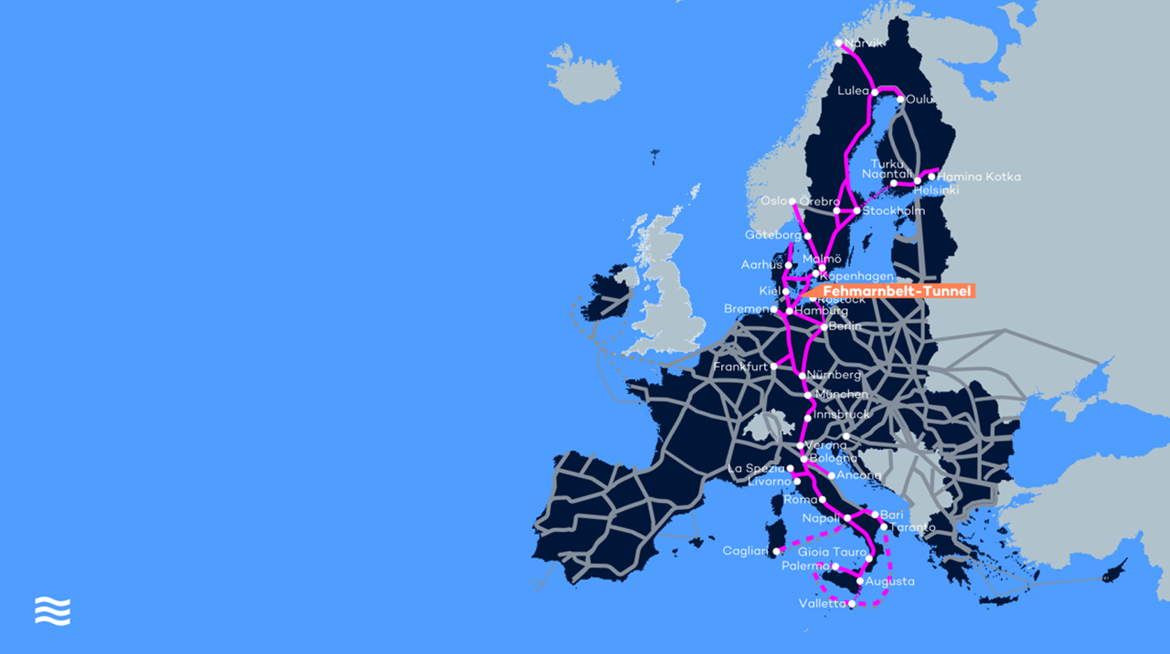 Karte der verschiedenen Transportrouten in Europa, zu denen der Fehmarnbelt-Tunnel gehören wird